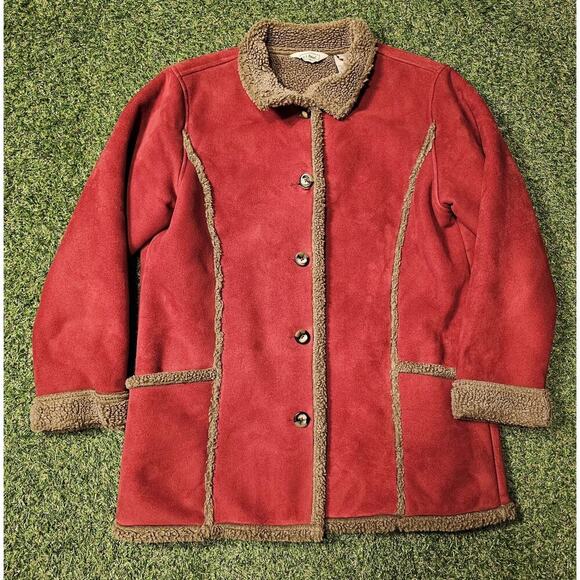 LL BEAN Womens Sherpa Faux Suede Winter Jacket size Medium Red Brown Teddy - Picture 1 of 8